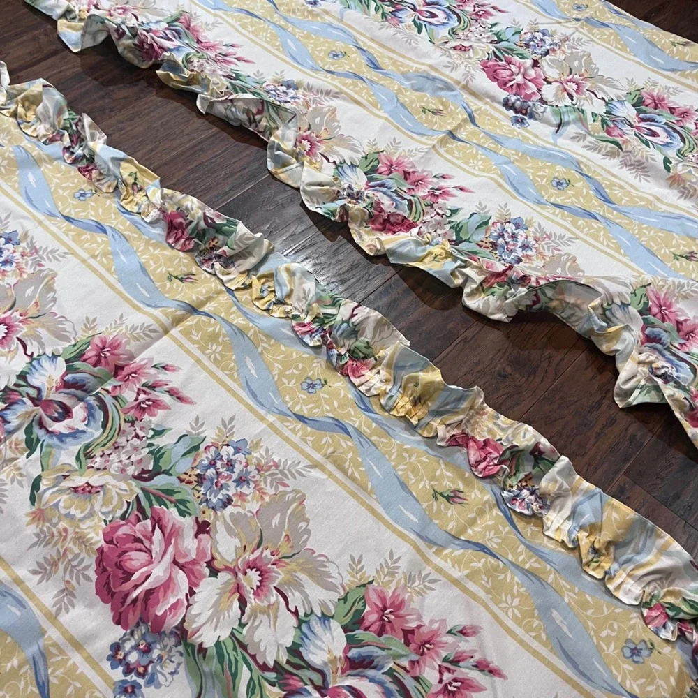Croscill Princess Shower Curtain Vtg Yellow Pink Floral Ruffle With Tie Backs